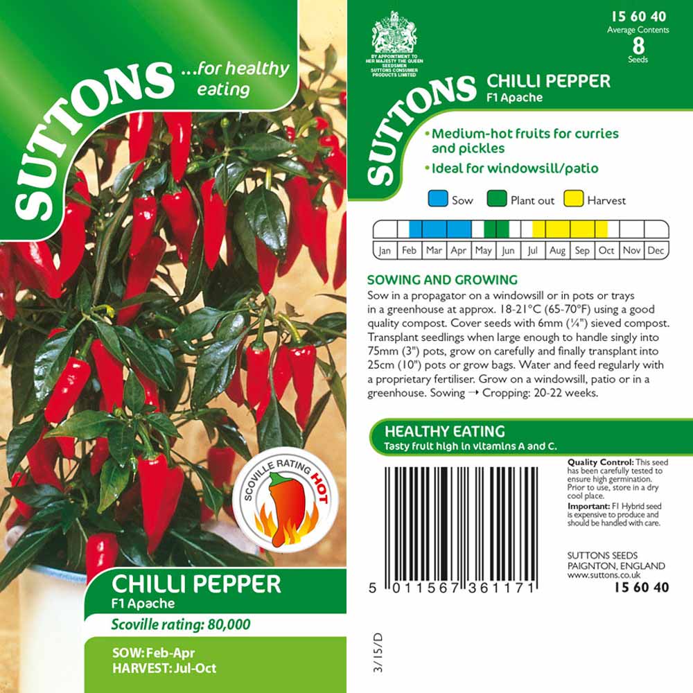 Suttons Chilli Pepper Apache F1 G156040 - SEED VEG & FLOWER - Beattys of Loughrea