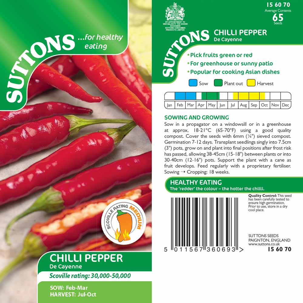 Suttons Capsicum Chilli Pepper De Cayenne - SEED VEG & FLOWER - Beattys of Loughrea
