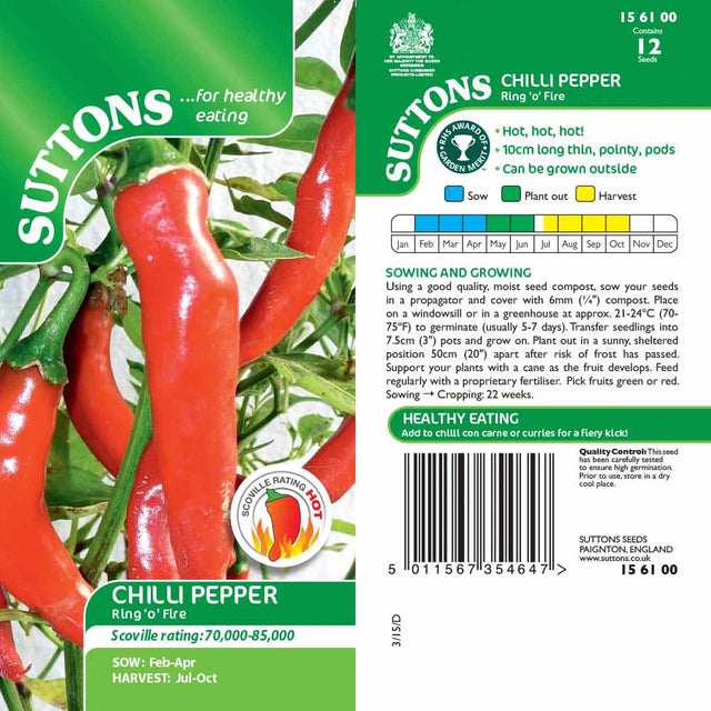 Suttons Chilli Pepper Ring O Fire G156100 - SEED VEG & FLOWER - Beattys of Loughrea