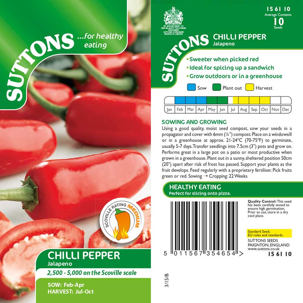Suttons Capsicum Chilli Pepper Jalapeno - SEED VEG & FLOWER - Beattys of Loughrea