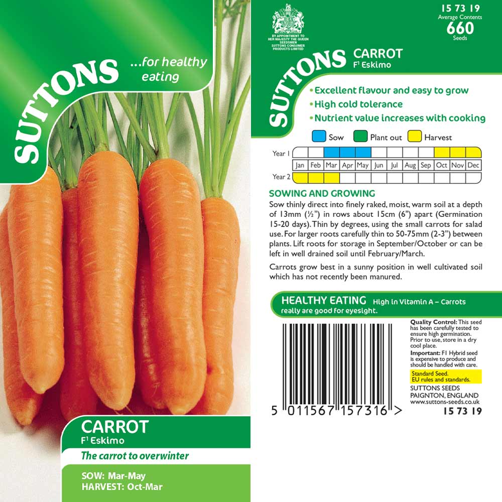 Suttons Carrot Eskimo F1 157319 - SEED VEG & FLOWER - Beattys of Loughrea