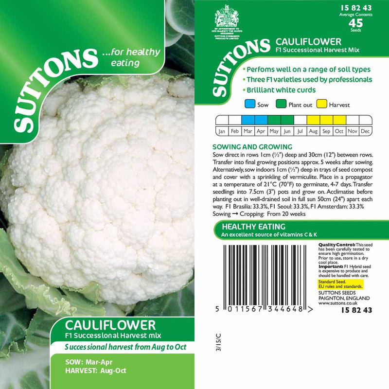 Suttons Cauliflower F1 Successional Harvest Mix G158243 - SEED VEG & FLOWER - Beattys of Loughrea