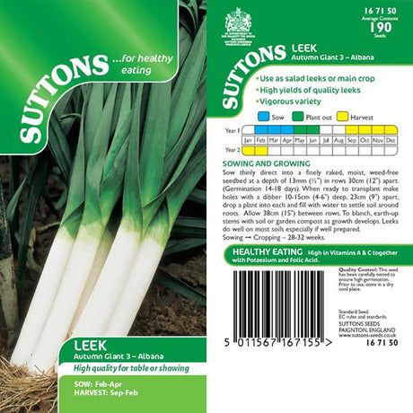 Suttons Leek Autumn Giant 3 Alabana 167150 - SEED VEG & FLOWER - Beattys of Loughrea