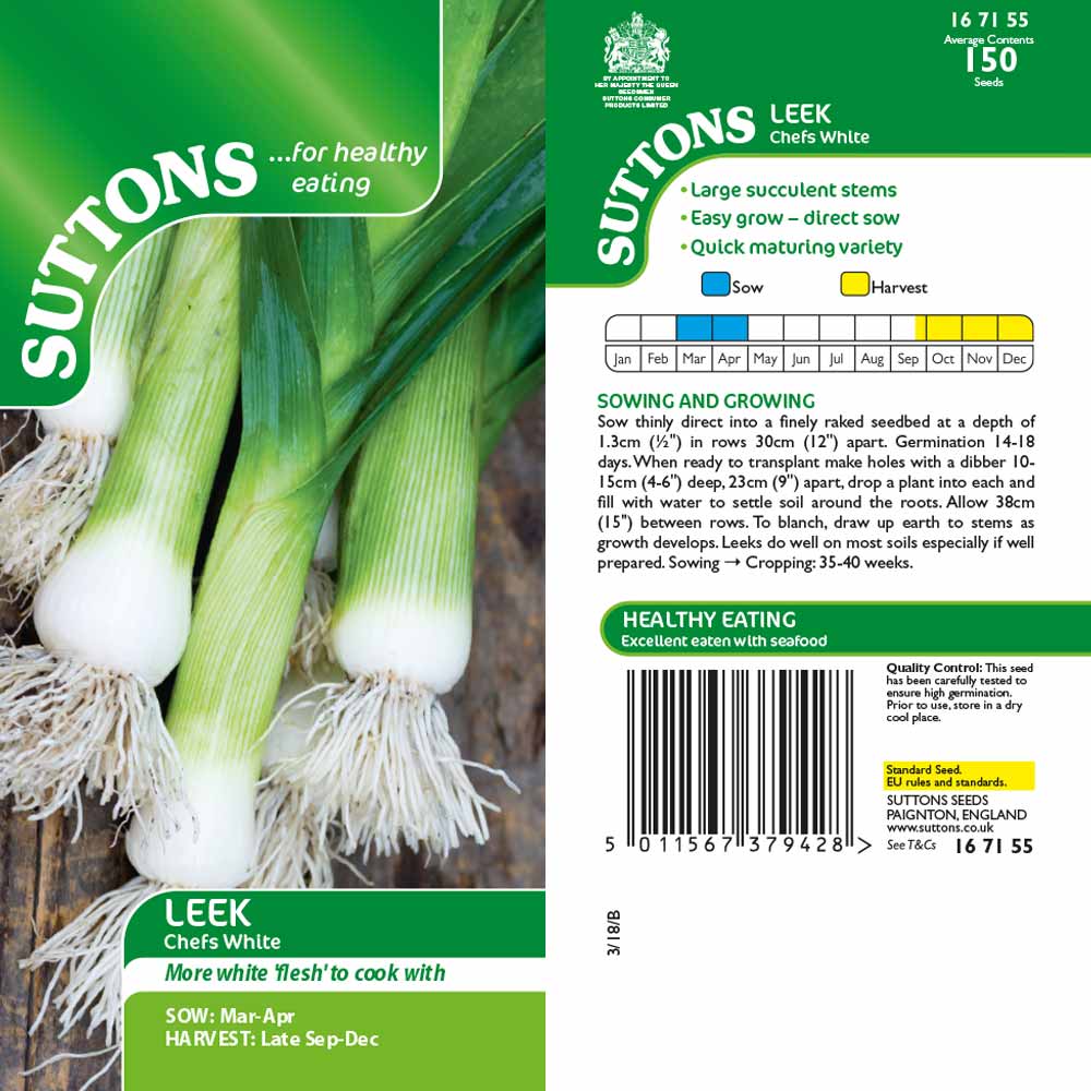Suttons Leek Chefs White - SEED VEG & FLOWER - Beattys of Loughrea
