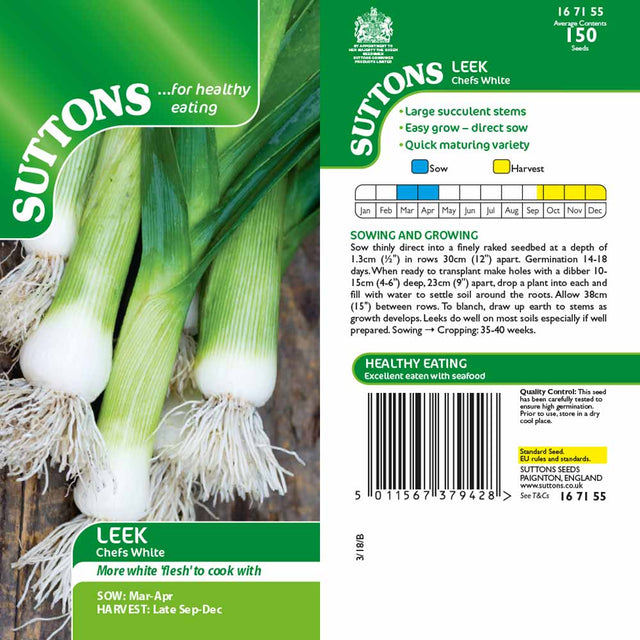 Suttons Leek Chefs White - SEED VEG & FLOWER - Beattys of Loughrea
