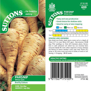 Suttons Parsnip White Gem 175102 - SEED VEG & FLOWER - Beattys of Loughrea