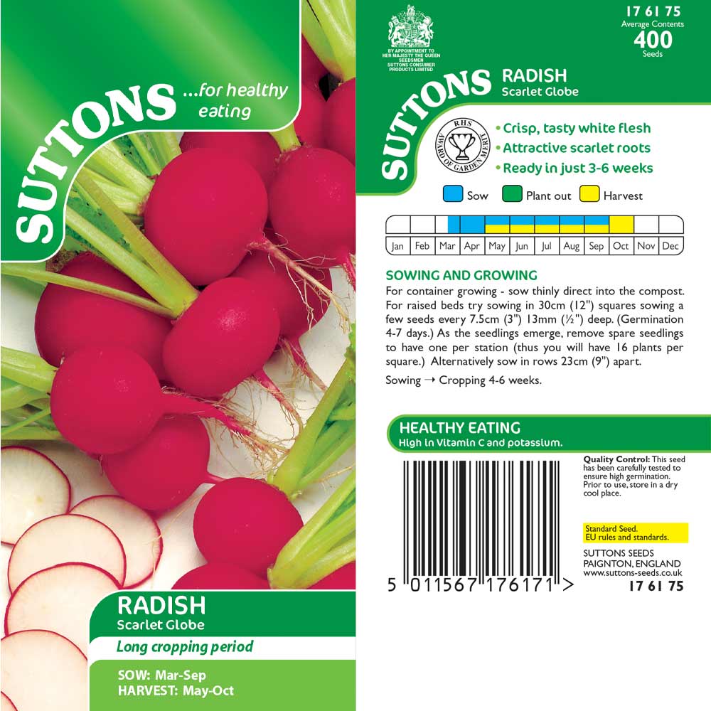 Suttons Radish Scarlet Globe 176175 - SEED VEG & FLOWER - Beattys of Loughrea
