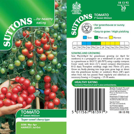 Suttons Tomato Sweet Million F1 181392 - SEED VEG & FLOWER - Beattys of Loughrea