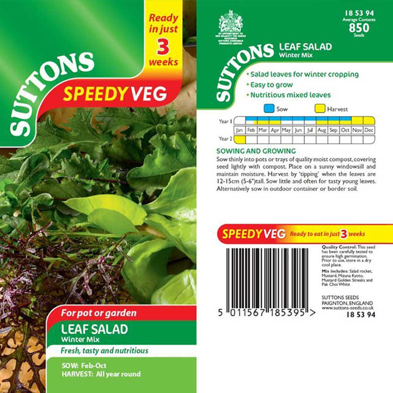 Suttons Speedy Veg Leaf Salad Winter Mix 185394 - SEED VEG & FLOWER - Beattys of Loughrea