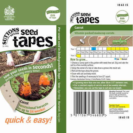 Suttons Seed Tape Harvest Carrot 186315 - SEED VEG & FLOWER - Beattys of Loughrea