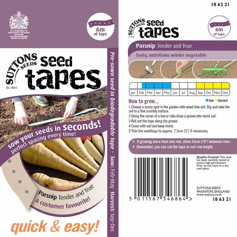 Suttons Seed Tape Parsnip Tender & True 186321 - SEED VEG & FLOWER - Beattys of Loughrea