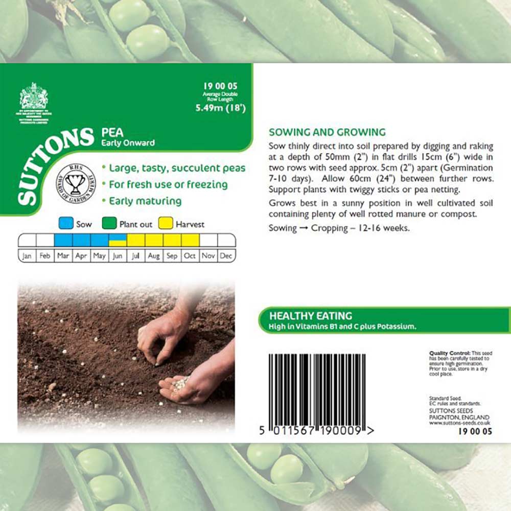 Suttons Pea Early Onward 190005 - SEED VEG & FLOWER - Beattys of Loughrea