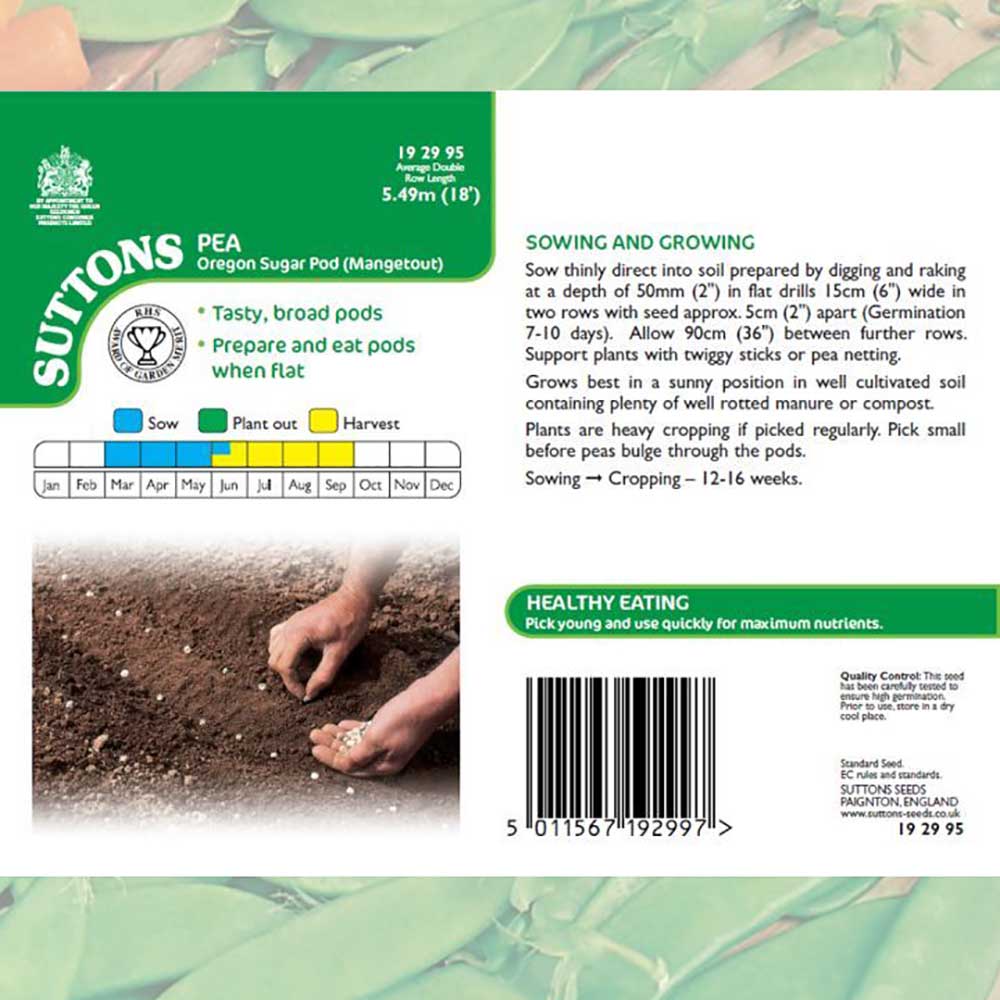 Suttons Pea Oregon Sugarpod Mangetout 192995 - SEED VEG & FLOWER - Beattys of Loughrea