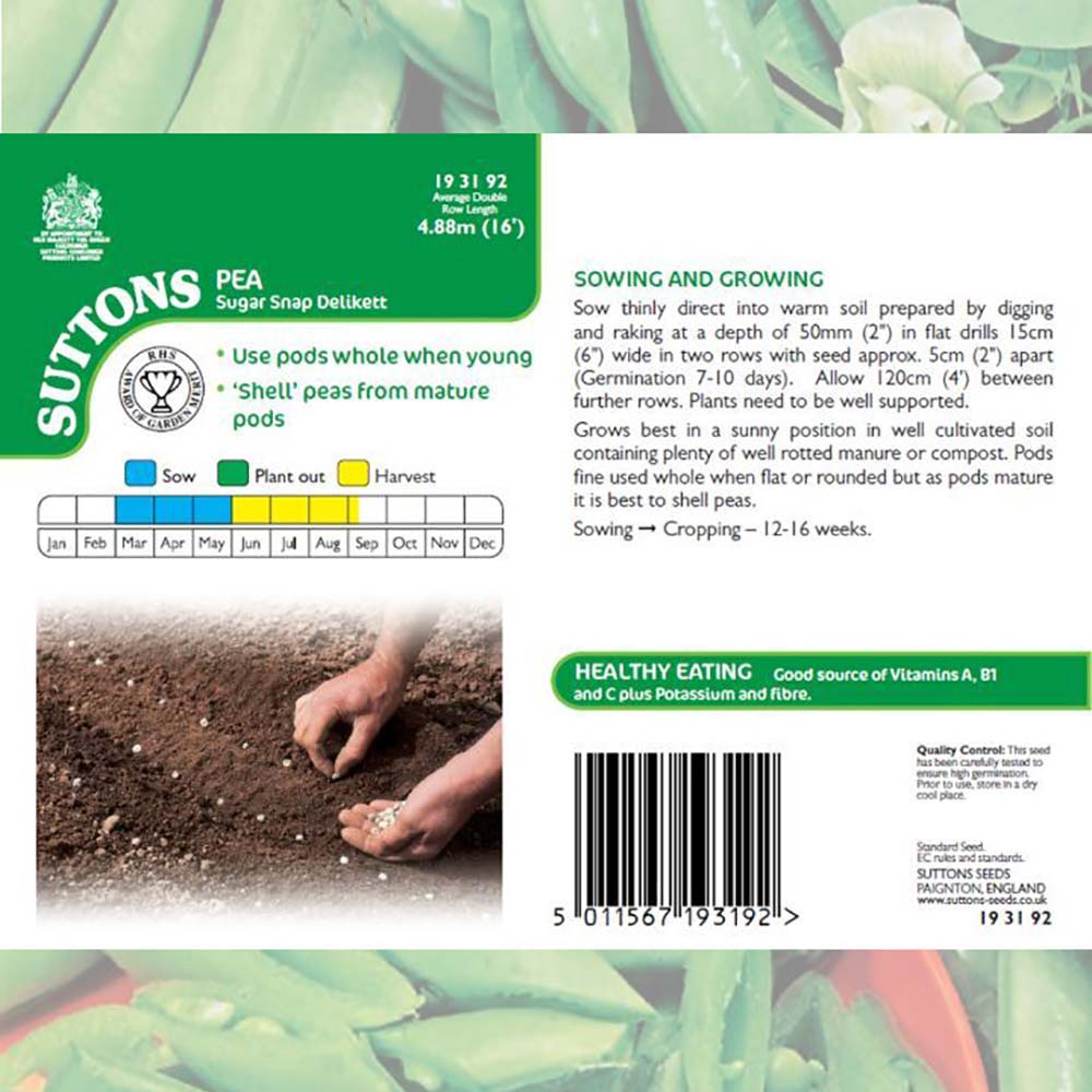 Suttons Snap Pea Sugar Delikett G193192 - SEED VEG & FLOWER - Beattys of Loughrea