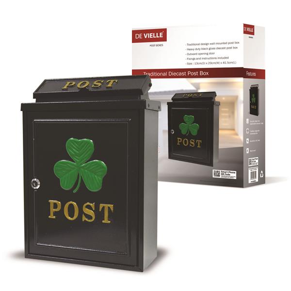 De Vielle Gold Post Green Shamrock Diecast Post Box - LETTER BOXES - Beattys of Loughrea